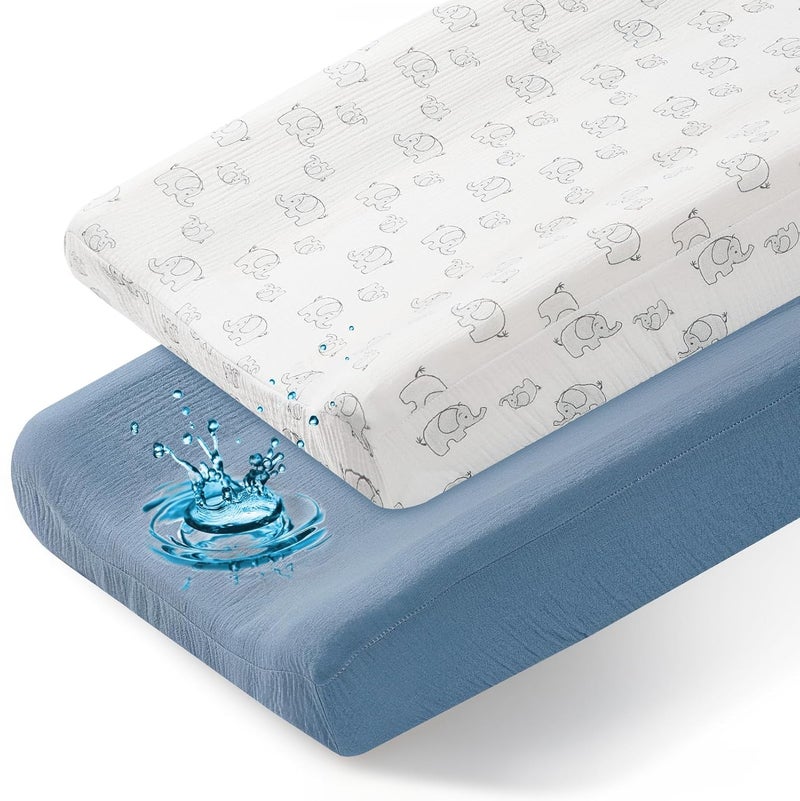Basumee Muslin Changing Pad Cover Waterproof 2 Pack Baby Changing Table Covers for Boys and Girls Soft Breathable Nursery Diaper Change Table Cover Pad Fits 32"x16", Blue - Image 1